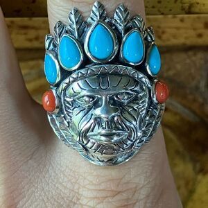 Artisan Crafted Turquoise Indian Chief Ring Size 10